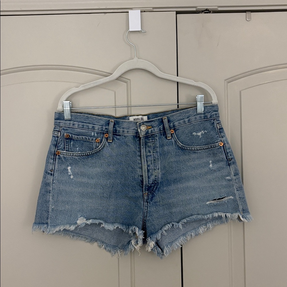 Agolde Light Blue Frayed Denim Shorts